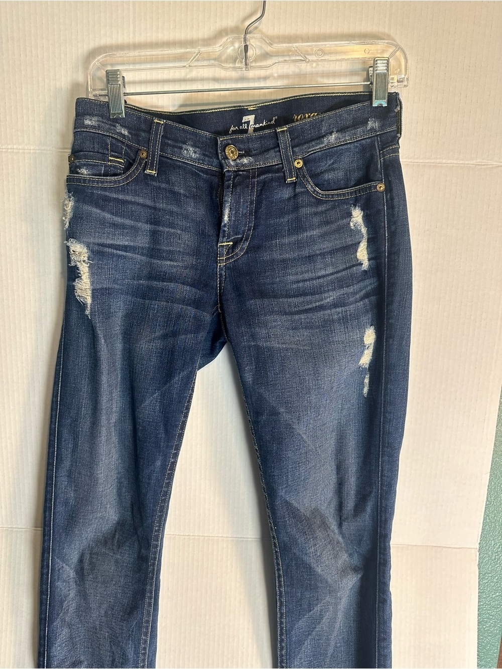 7 For All Mankind Dark Blue Distressed Skinny Jeans